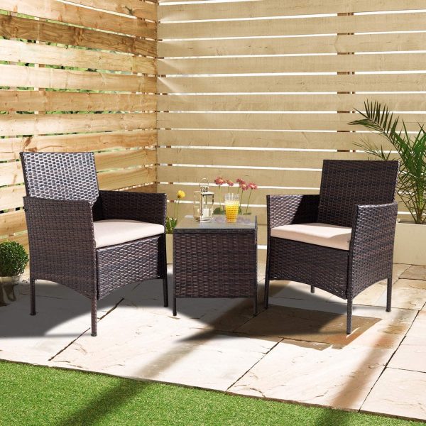 Lacoo 3 Steel Sturdy Outdoor Conversation Sets with Armchair and Table, Brown/Beige