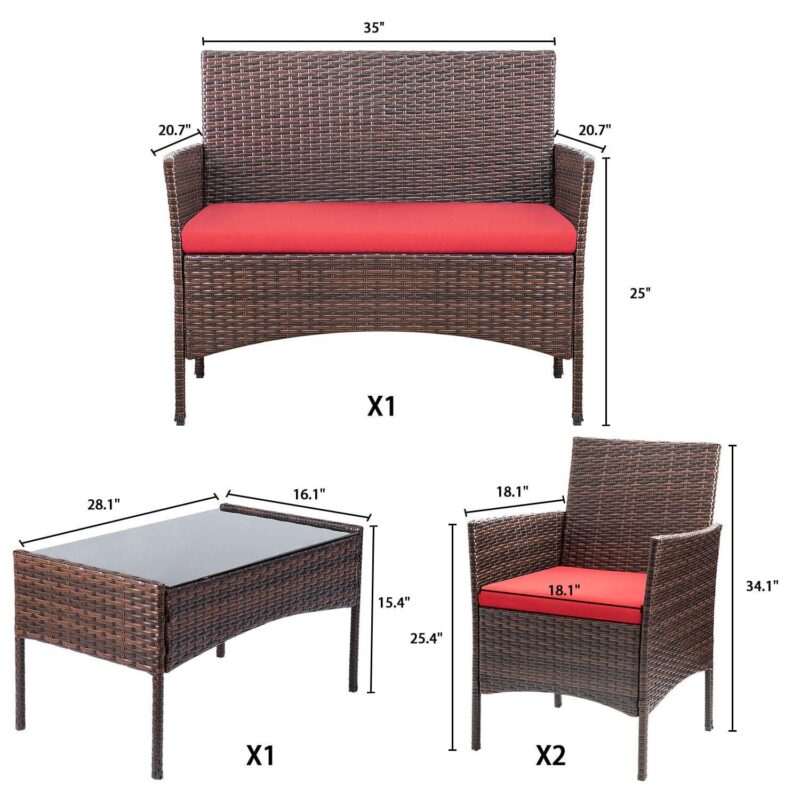 Lacoo 4 Pieces Outdoor Patio Furniture Brown PE Rattan Wicker Table and Chairs Set Bar Balcony Backyard Garden Porch Sets with Cushioned Tempered Glass, Red Cushion - Image 3