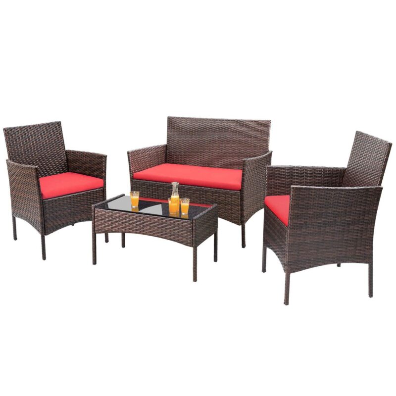 Lacoo 4 Pieces Outdoor Patio Furniture Brown PE Rattan Wicker Table and Chairs Set Bar Balcony Backyard Garden Porch Sets with Cushioned Tempered Glass, Red Cushion