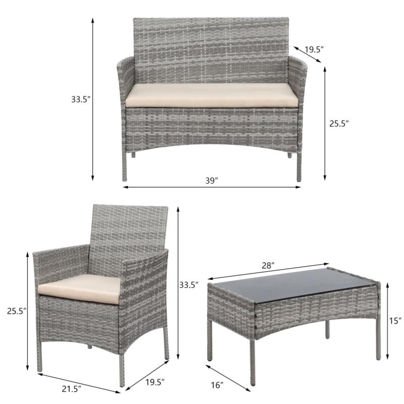 Lacoo 4 Pieces Outdoor Patio Furniture Gray PE Rattan Wicker Table and Chairs Set - Image 3