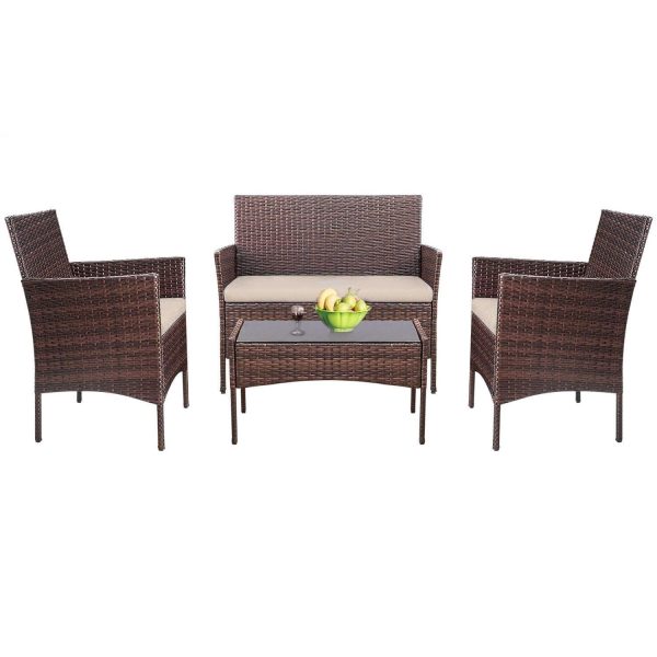 Lacoo 4 Pieces Outdoor Patio Furniture PE Rattan Wicker Table and Chairs Set Bars with Cushioned Tempered Glass, Beige Cushion