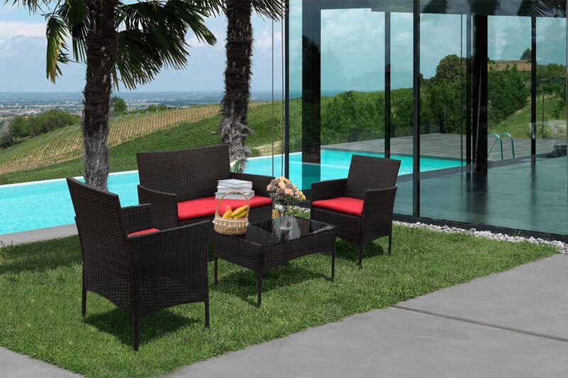 Lacoo 4 Pieces Outdoor Patio Furniture Brown PE Rattan Wicker Table and Chairs Set Bar Balcony Backyard Garden Porch Sets with Cushioned Tempered Glass, Red Cushion - Image 2