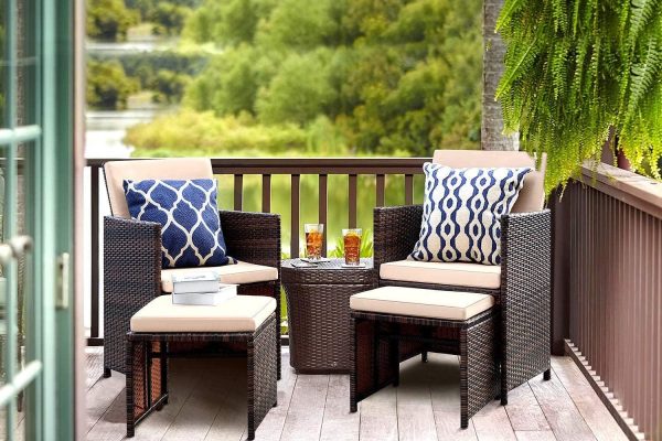 Lacoo 4 Pieces Patio Wicker Furniture Conversation Set with Two Ottomans Collapsible Balcony Porch Furniture, Beige