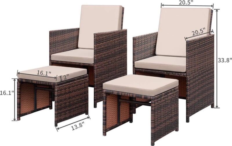 Lacoo 4 Pieces Patio Wicker Furniture Conversation Set with Two Ottomans Collapsible Balcony Porch Furniture, Beige - Image 3