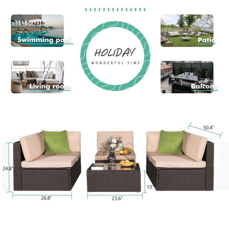 Lacoo 6 Pieces Outdoor Indoor Sectional Sofa Set PE Wicker Rattan Sectional Seating Group with Cushions Green - Image 4