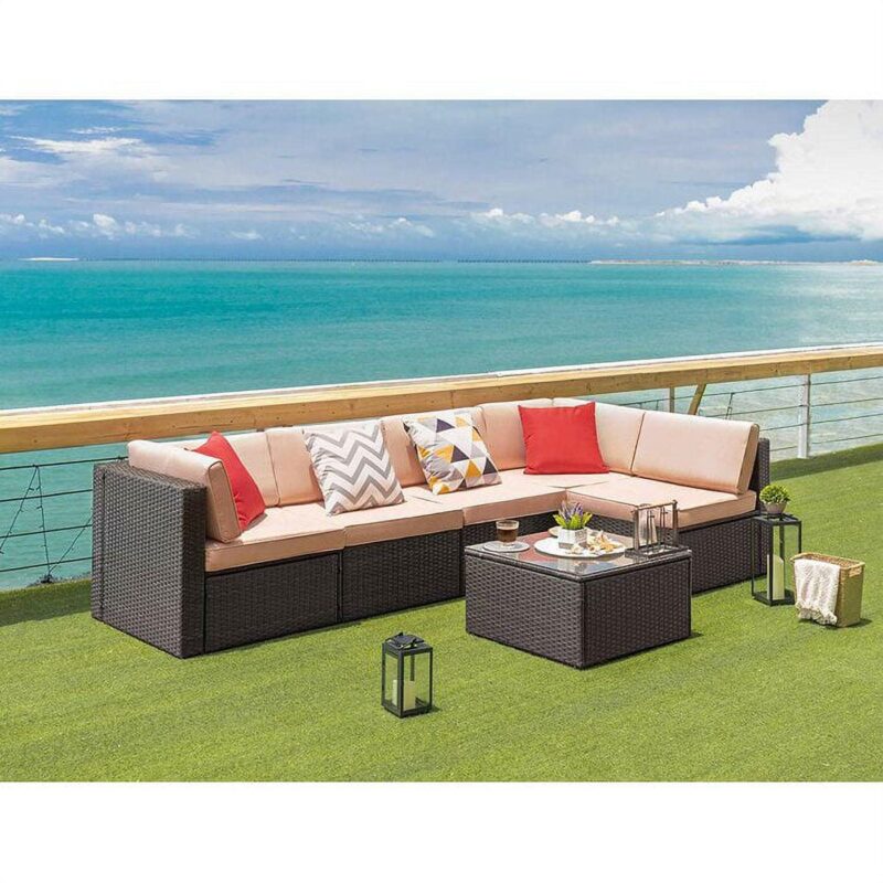 Lacoo 6 Pieces Outdoor Sectional Sofa Set PE Wicker Rattan Sectional Seating Group with Cushions and Table, Beige, Sectional Sets - Image 4