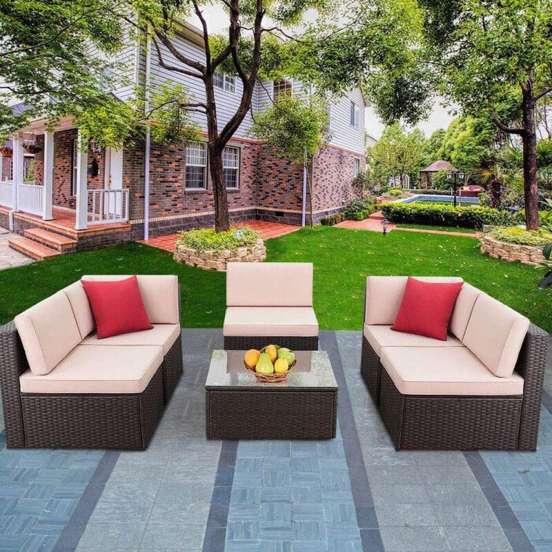 Lacoo 6 Pieces Outdoor Sectional Sofa Set PE Wicker Rattan Sectional Seating Group with Cushions and Table, Beige, Sectional Sets - Image 6