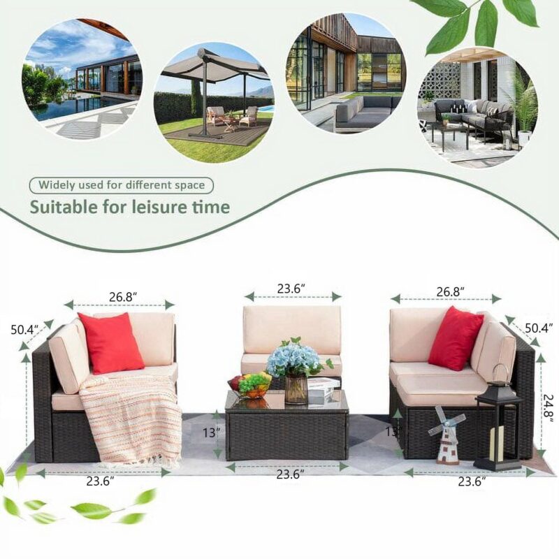 Lacoo 6 Pieces Outdoor Sectional Sofa Set PE Wicker Rattan Sectional Seating Group with Cushions and Table, Beige, Sectional Sets - Image 3