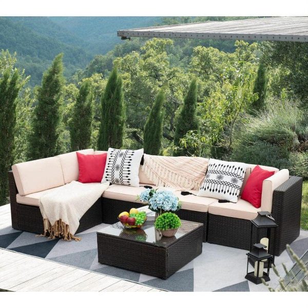 Lacoo 6 Pieces Outdoor Sectional Sofa Set PE Wicker Rattan Sectional Seating Group with Cushions and Table, Beige, Sectional Sets