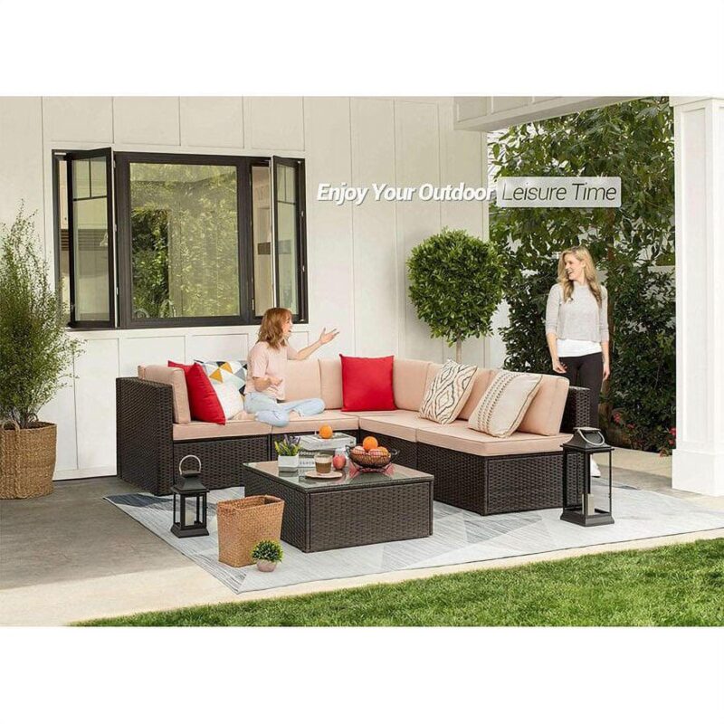 Lacoo 6 Pieces Outdoor Sectional Sofa Set PE Wicker Rattan Sectional Seating Group with Cushions and Table, Beige, Sectional Sets - Image 2