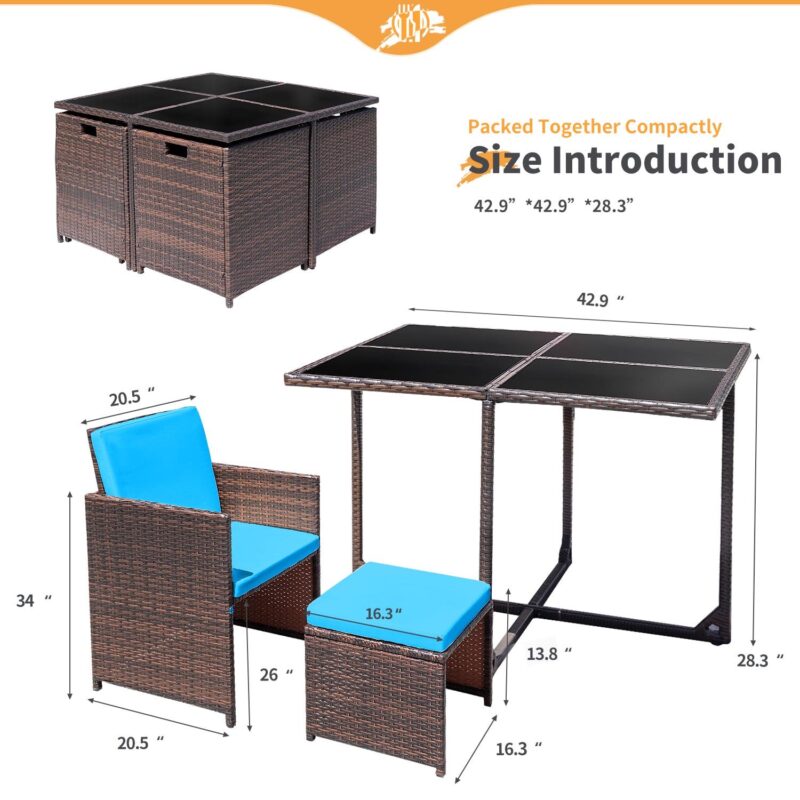 Lacoo 9 Pieces Patio Indoor Dining Sets Outdoor Furniture Patio Wicker Rattan Chairs and Tempered Glass Table Sectional Set Conversation Set Cushioned with Ottoman, Blue, 8 - Image 6