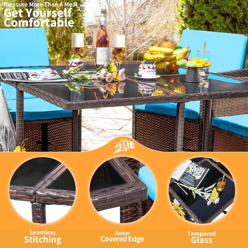 Lacoo 9 Pieces Patio Indoor Dining Sets Outdoor Furniture Patio Wicker Rattan Chairs and Tempered Glass Table Sectional Set Conversation Set Cushioned with Ottoman, Blue, 8 - Image 4