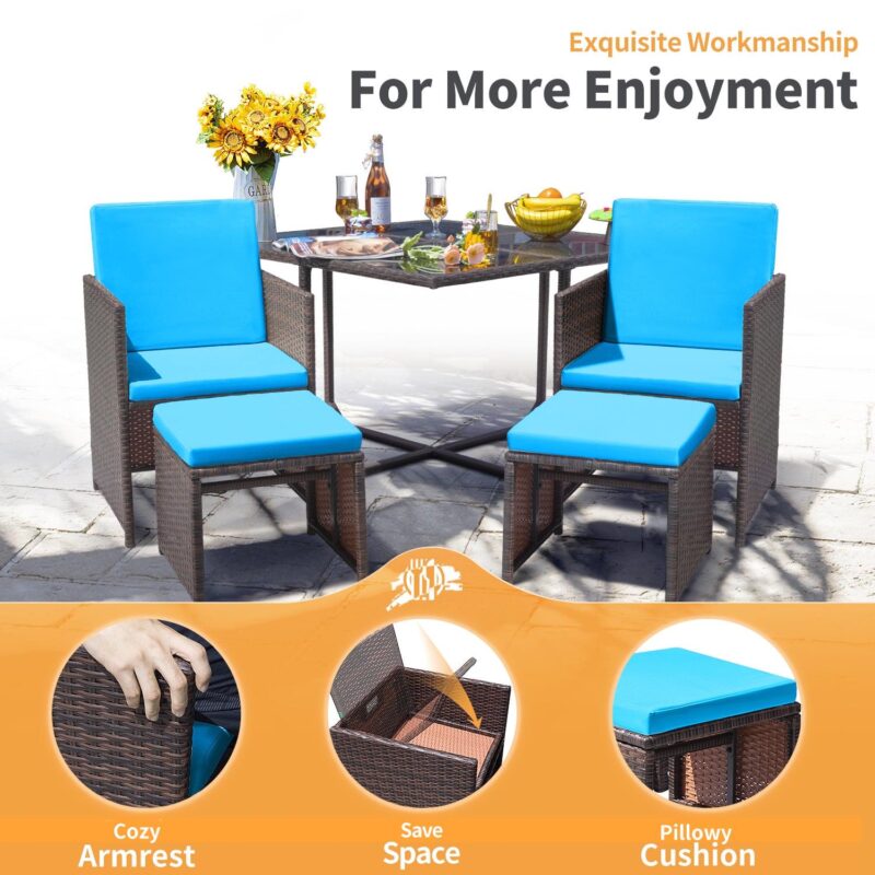 Lacoo 9 Pieces Patio Indoor Dining Sets Outdoor Furniture Patio Wicker Rattan Chairs and Tempered Glass Table Sectional Set Conversation Set Cushioned with Ottoman, Blue, 8 - Image 5