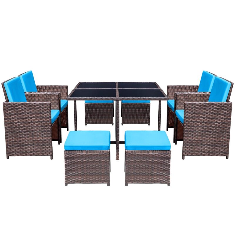 Lacoo 9 Pieces Patio Indoor Dining Sets Outdoor Furniture Patio Wicker Rattan Chairs and Tempered Glass Table Sectional Set Conversation Set Cushioned with Ottoman, Blue, 8 - Image 2