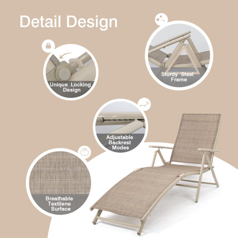 Lacoo Set of 2 Patio Lounge Chairs Adjustable Pool Chaise Lounge Chairs Textilene Folding Outdoor Recliners, Beige - Image 3