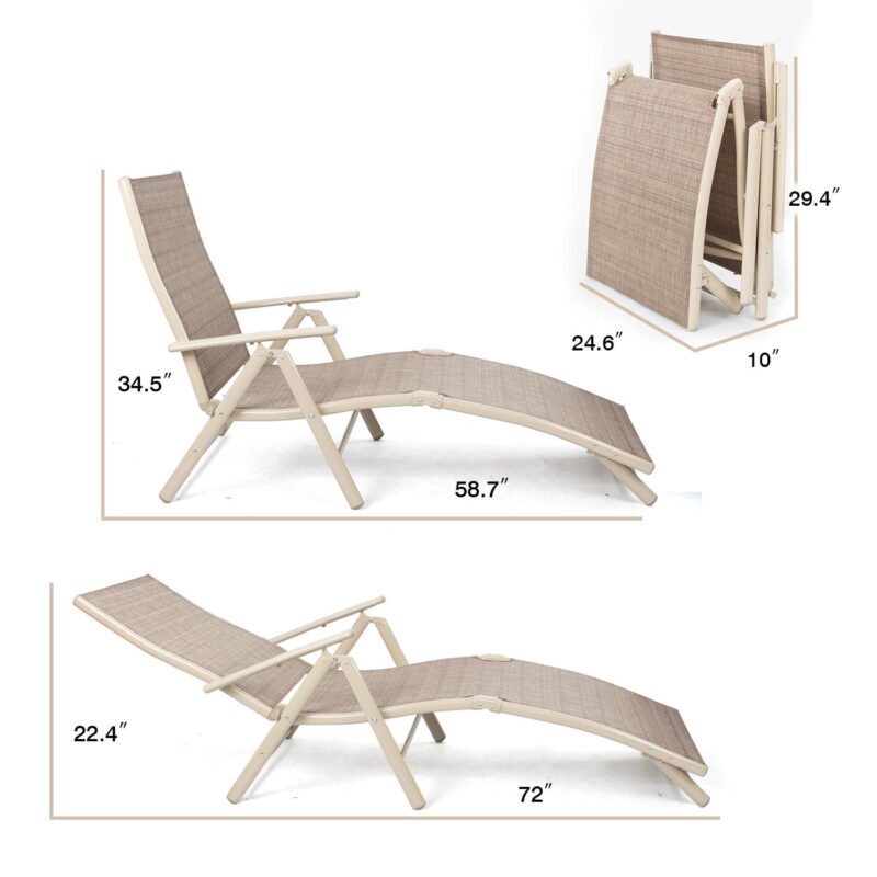 Lacoo Set of 2 Patio Lounge Chairs Adjustable Pool Chaise Lounge Chairs Textilene Folding Outdoor Recliners, Beige - Image 7