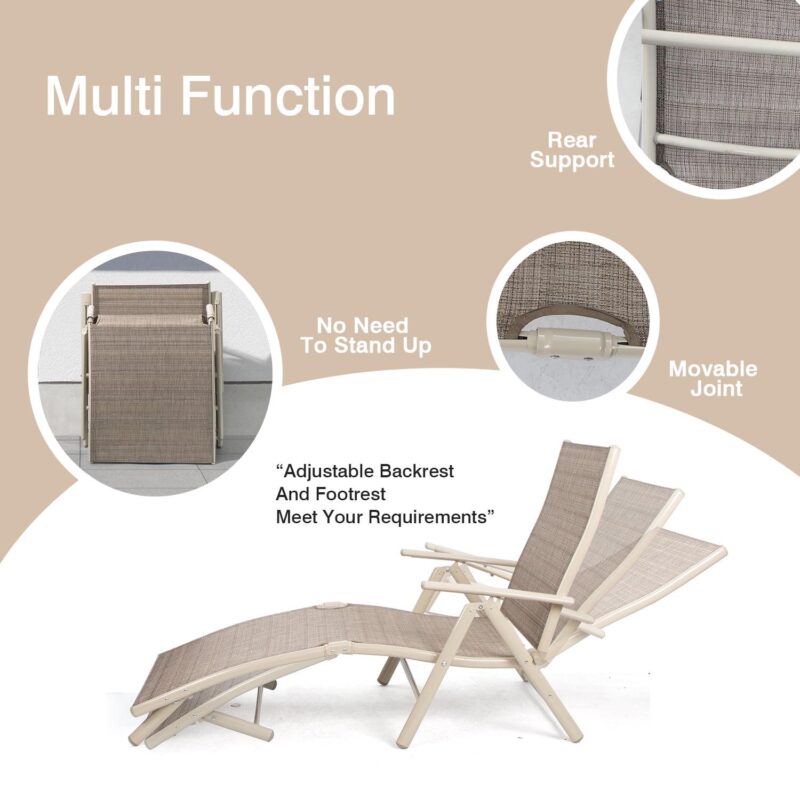 Lacoo Set of 2 Patio Lounge Chairs Adjustable Pool Chaise Lounge Chairs Textilene Folding Outdoor Recliners, Beige - Image 4