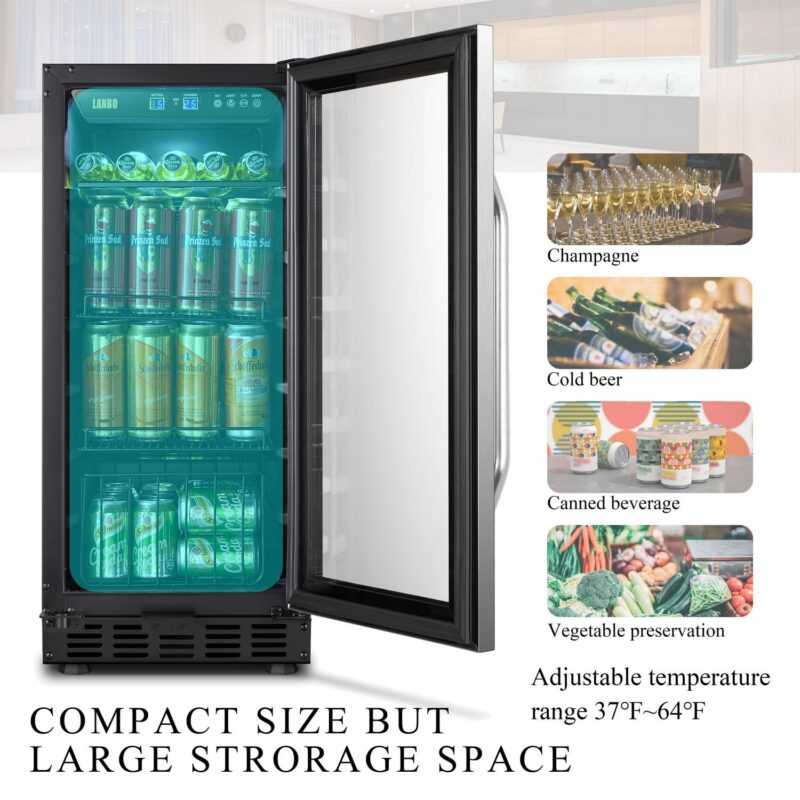 Lanbo 76 Cans Under Counter Compressor Beverage Cooler Refrigerator, 15 inch Width - Image 2