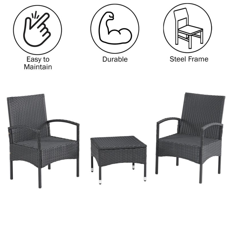 Lavish Home 3-Piece Rattan Outdoor Patio Furniture Set with 2 Chairs and Table, Gray - Image 3