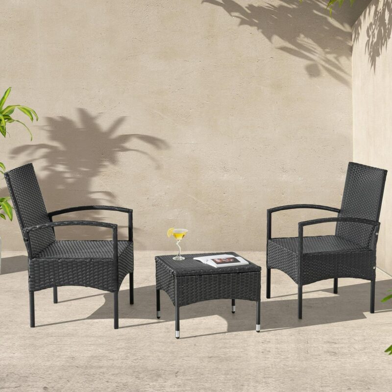 Lavish Home 3-Piece Rattan Outdoor Patio Furniture Set with 2 Chairs and Table, Gray - Image 4