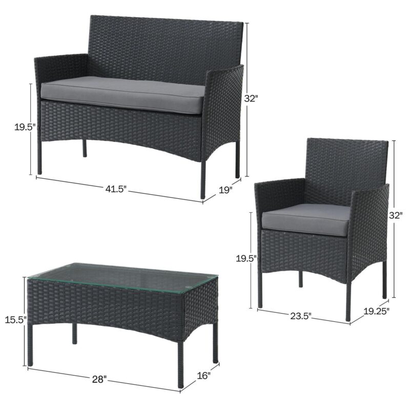Lavish Home 4-Piece Rattan Outdoor Patio Furniture Set Combo Sofa, 2 Cushioned Chairs, and Table, Gray - Image 4