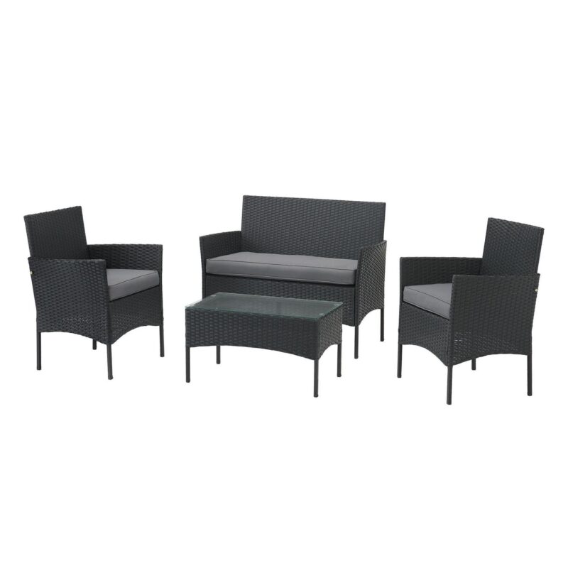 Lavish Home 4-Piece Rattan Outdoor Patio Furniture Set Combo Sofa, 2 Cushioned Chairs, and Table, Gray - Image 6