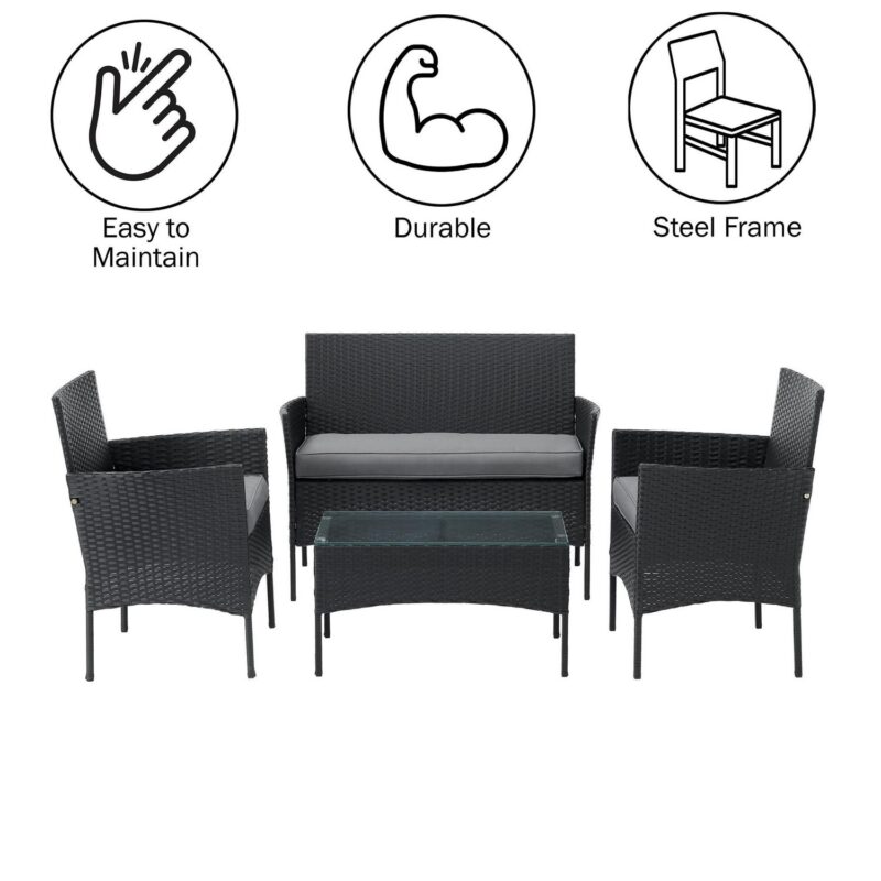 Lavish Home 4-Piece Rattan Outdoor Patio Furniture Set Combo Sofa, 2 Cushioned Chairs, and Table, Gray - Image 3