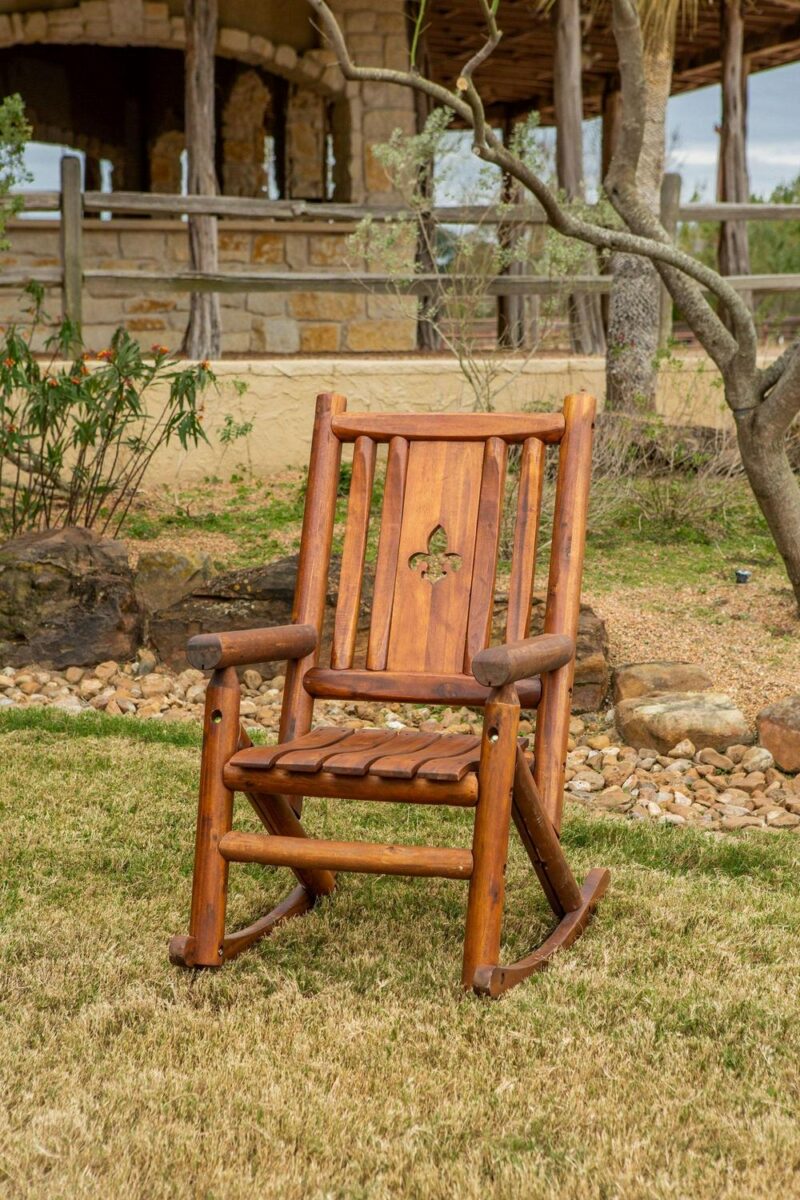 Leigh Country TX 36003 Amber-Log Fleur-De-Lis Adult Wood Outdoor Patio Rocking Chair - Brown - Image 3