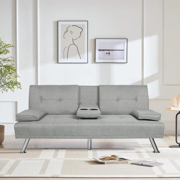 Leumius Modern Futon Sofa Bed, Upholstered Rmovable Armrests Sofa with Cup Holders, Light Gray
