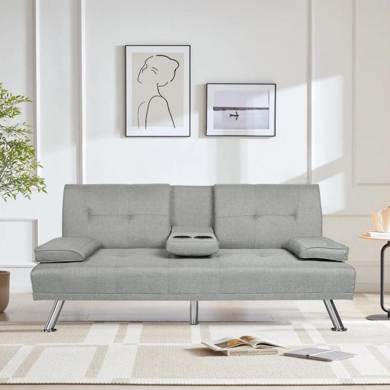 Leumius Modern Futon Sofa Bed, Upholstered Rmovable Armrests Sofa with Cup Holders, Light Gray