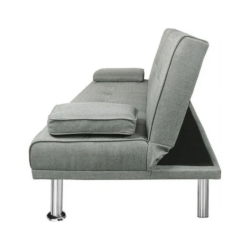 Leumius Modern Futon Sofa Bed, Upholstered Rmovable Armrests Sofa with Cup Holders, Light Gray - Image 4