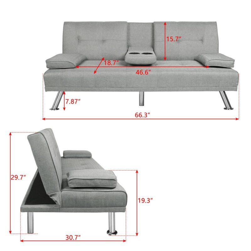Leumius Modern Futon Sofa Bed, Upholstered Rmovable Armrests Sofa with Cup Holders, Light Gray - Image 5