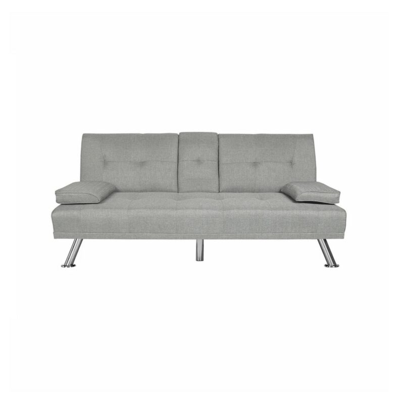 Leumius Modern Futon Sofa Bed, Upholstered Rmovable Armrests Sofa with Cup Holders, Light Gray - Image 6