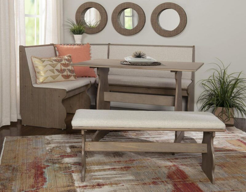 Linon Sasha Indoor Farmhouse Corner Dining Breakfast Nook with Table, Bench and Cushion Set, Seats 5-6, Natural/Beige Linen - Image 26