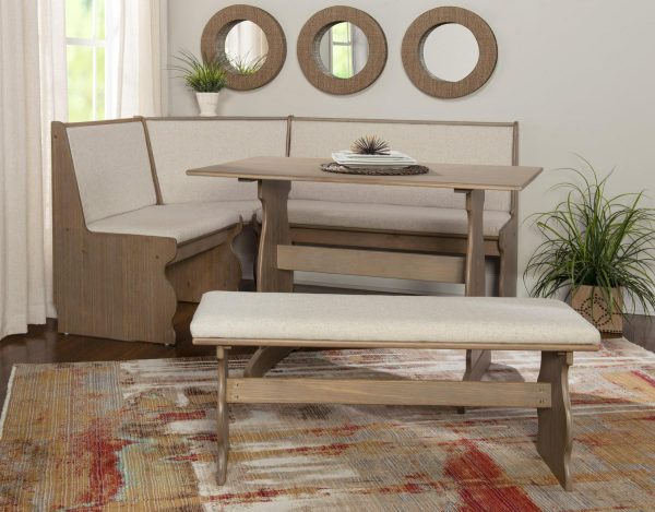 Linon Sasha Indoor Farmhouse Corner Dining Breakfast Nook with Table, Bench and Cushion Set, Seats 5-6, Natural/Beige Linen
