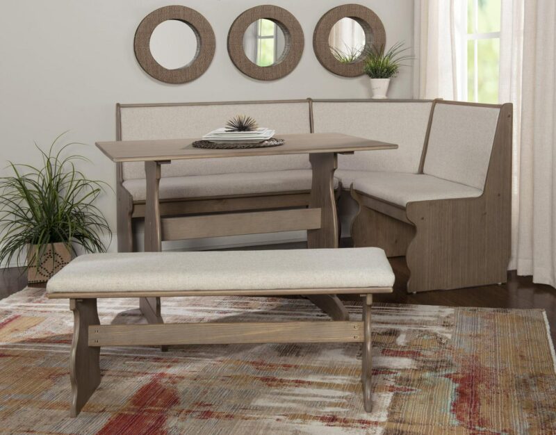 Linon Sasha Indoor Farmhouse Corner Dining Breakfast Nook with Table, Bench and Cushion Set, Seats 5-6, Natural/Beige Linen - Image 4