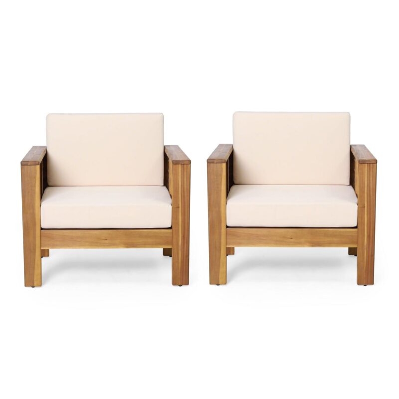 Lithonia Acacia Wood Outdoor Club Chairs with Cushions, Set of 2, Teak and Cream