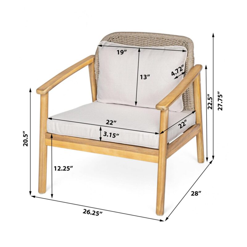 Louisa Farmhouse Outdoor Patio Woven Rope Club Chairs, Armchairs with Solid Wood Frames and Cushions, Beige, Set of 2 - Image 3