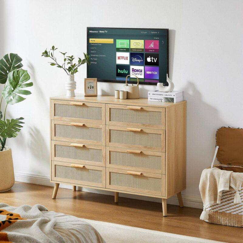 Lunale 47.2  Bedroom Dresser, 8 Double Dressers with rattan drawers, Wooden Chest of Drawers for Living Room, Nature - Image 3
