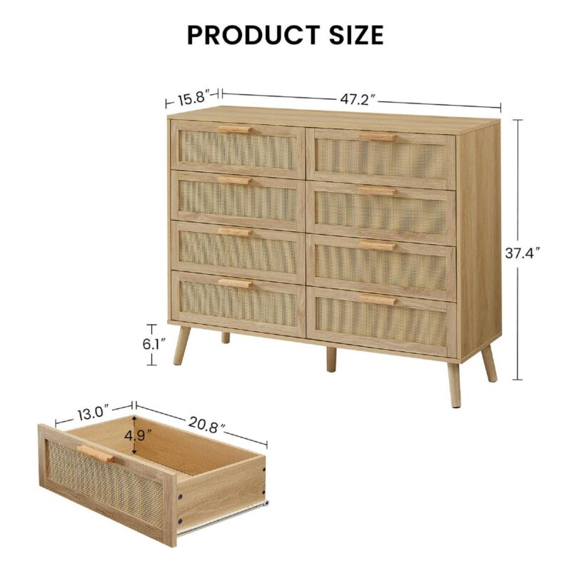 Lunale 47.2  Bedroom Dresser, 8 Double Dressers with rattan drawers, Wooden Chest of Drawers for Living Room, Nature - Image 7