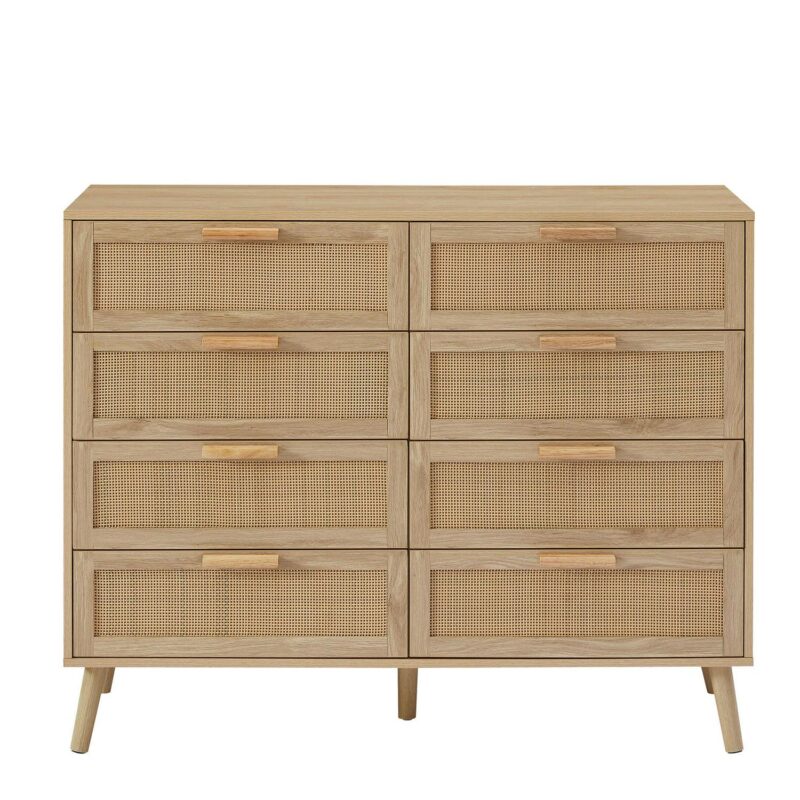 Lunale 47.2  Bedroom Dresser, 8 Double Dressers with rattan drawers, Wooden Chest of Drawers for Living Room, Nature - Image 2