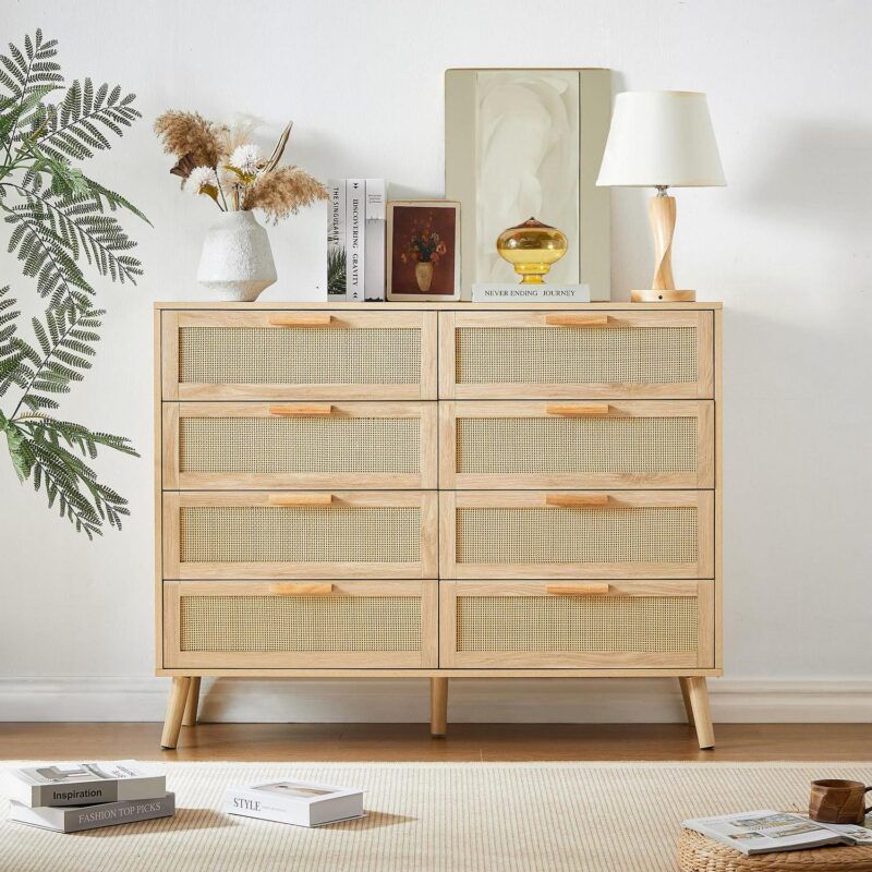 Lunale 47.2  Bedroom Dresser, 8 Double Dressers with rattan drawers, Wooden Chest of Drawers for Living Room, Nature