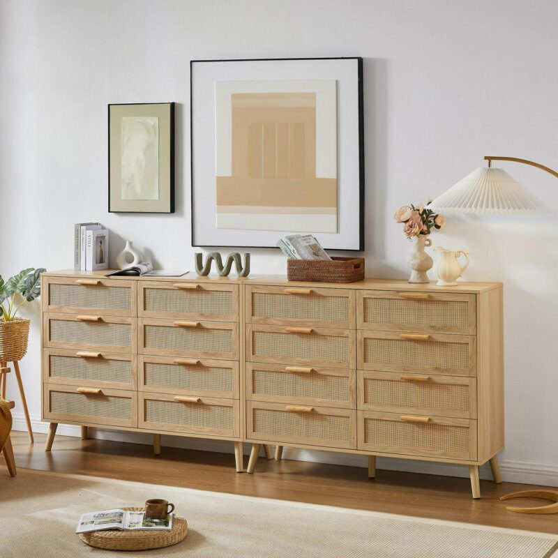 Lunale 47.2  Bedroom Dresser, 8 Double Dressers with rattan drawers, Wooden Chest of Drawers for Living Room, Nature - Image 6