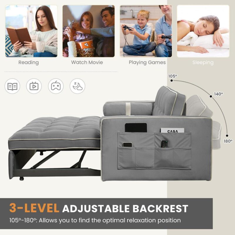 Lunale 55  Convertible Futon Sofa Bed, Tufted Sleeper Loveseat for Living Room, Gray Velvet - Image 4