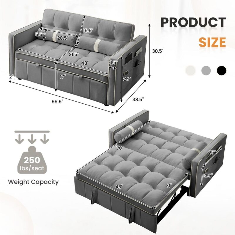 Lunale 55  Convertible Futon Sofa Bed, Tufted Sleeper Loveseat for Living Room, Gray Velvet - Image 8
