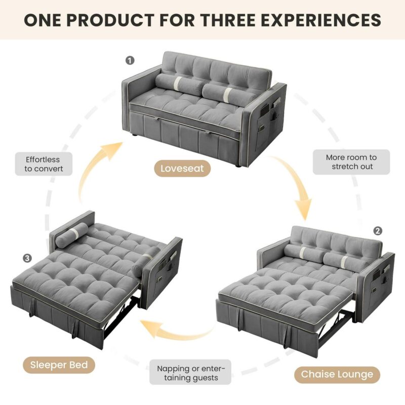 Lunale 55  Convertible Futon Sofa Bed, Tufted Sleeper Loveseat for Living Room, Gray Velvet - Image 2