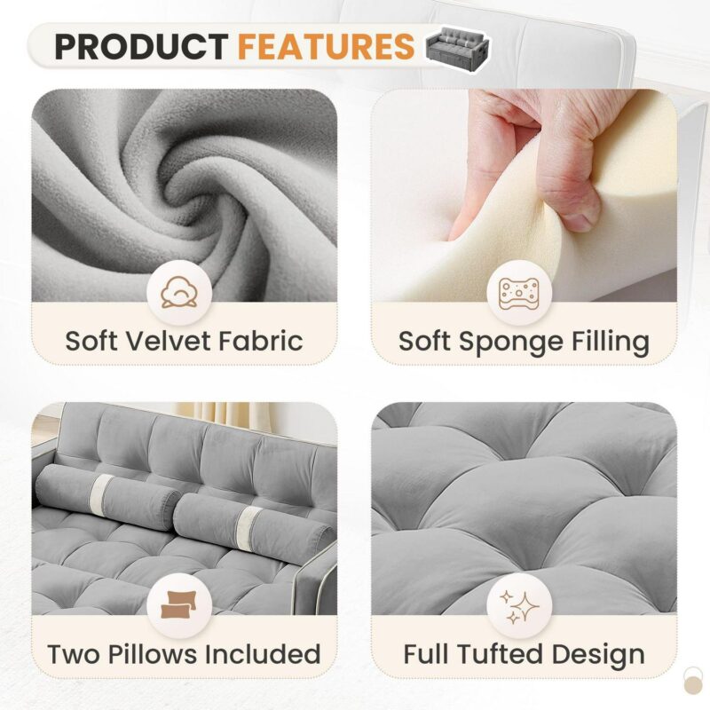 Lunale 55  Convertible Futon Sofa Bed, Tufted Sleeper Loveseat for Living Room, Gray Velvet - Image 6
