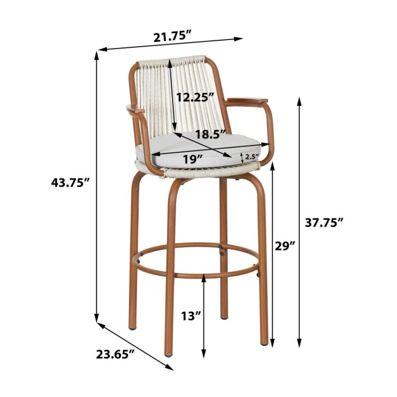 Lyric Modern 29  Outdoor Patio Bar Stools, Bar Chairs with Wood Grain Finish Frame with Hand-Woven PE Rattan Rope, Removable Cushions, Teak+Beige, Set of 2 - Image 3