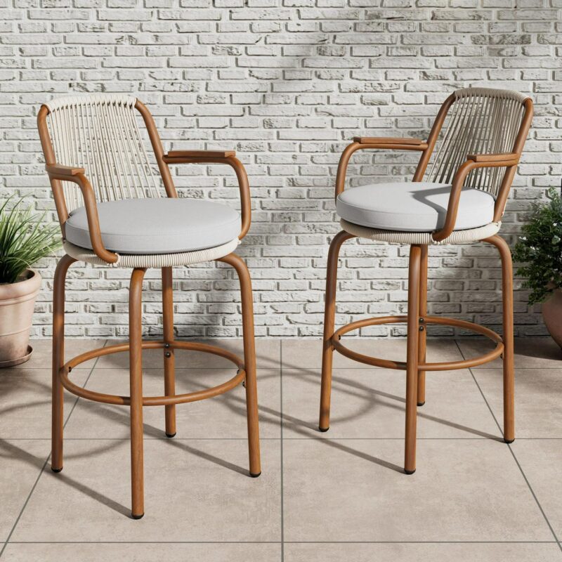 Lyric Modern 29  Outdoor Patio Bar Stools, Bar Chairs with Wood Grain Finish Frame with Hand-Woven PE Rattan Rope, Removable Cushions, Teak+Beige, Set of 2