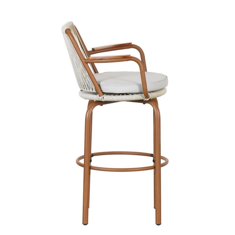 Lyric Modern 29  Outdoor Patio Bar Stools, Bar Chairs with Wood Grain Finish Frame with Hand-Woven PE Rattan Rope, Removable Cushions, Teak+Beige, Set of 2 - Image 7